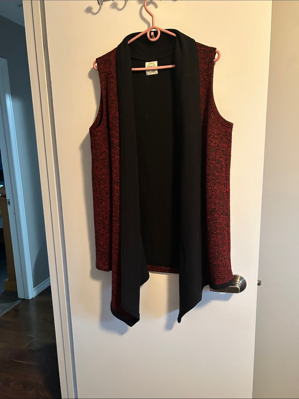 Open-Front Red and Black Knit Draped Vest